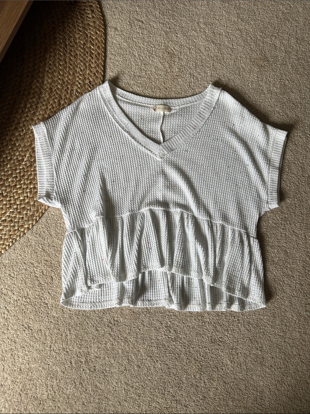 White Ruffle Knit V-Neck Top